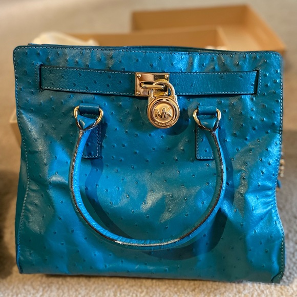 Michael Kors Hamilton Ostrich embossed turquoise tote with dust bag - Picture 2 of 11